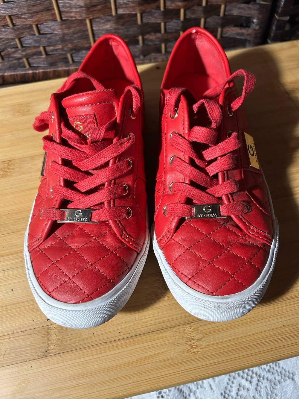 G by Guess Quilted Red Lace-Up Sneakers with Gold Logo Plate